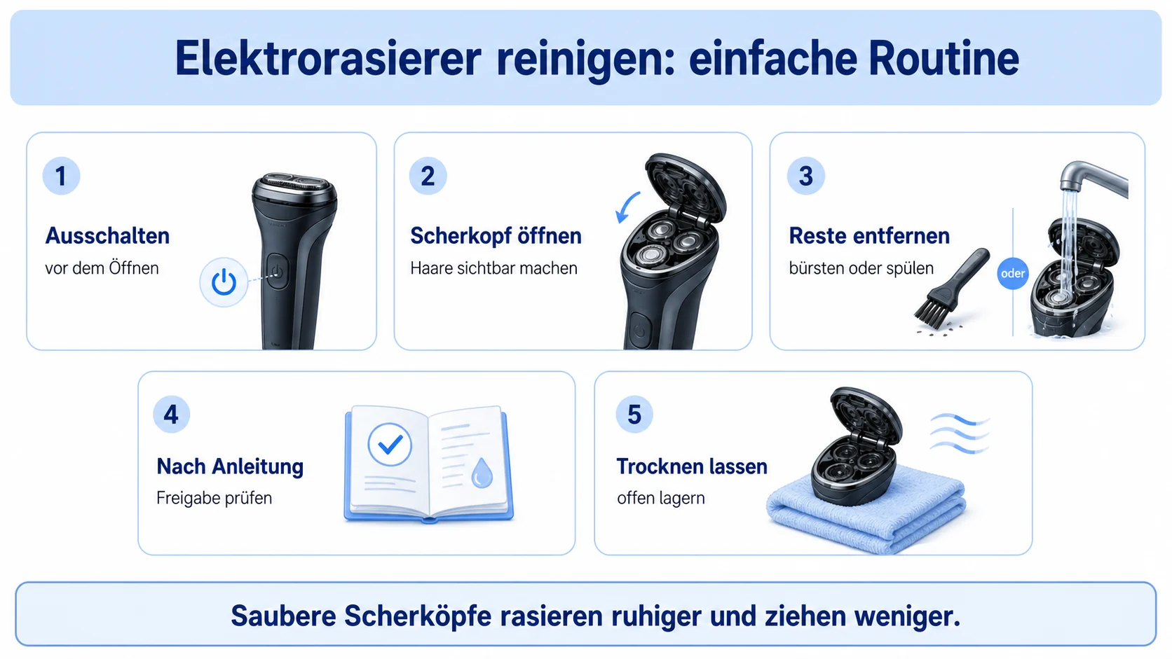 Infografik: Elektrorasierer reinigen und trocknen lassen