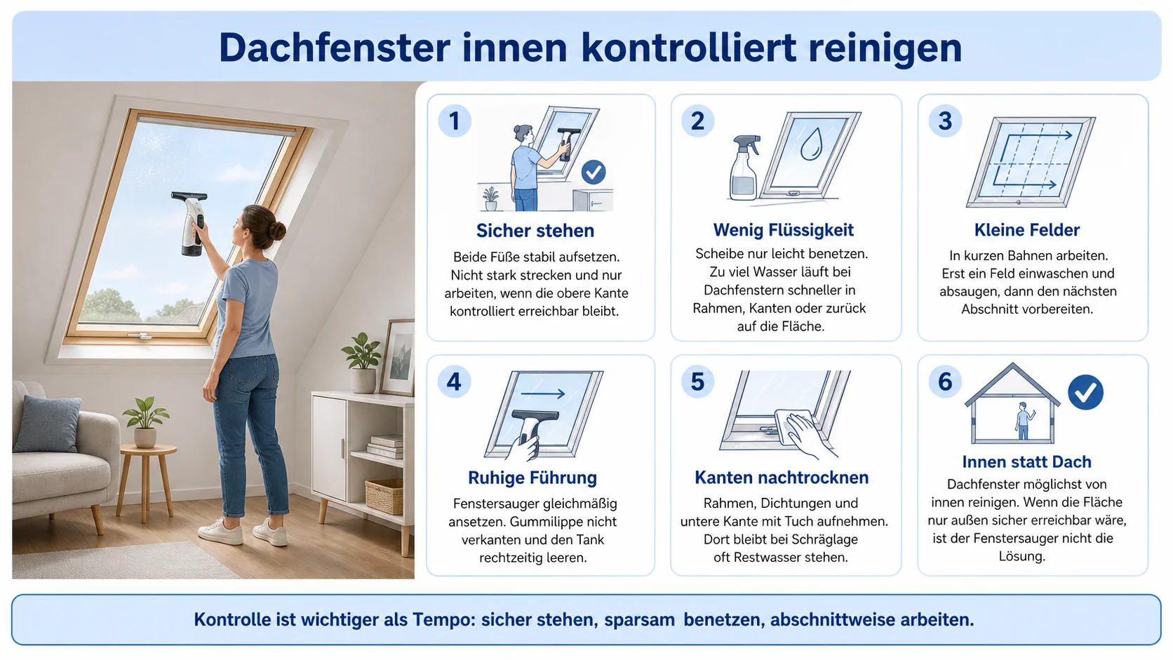 Infografik zu Dachfenster mit dem Fenstersauger über Kopf reinigen