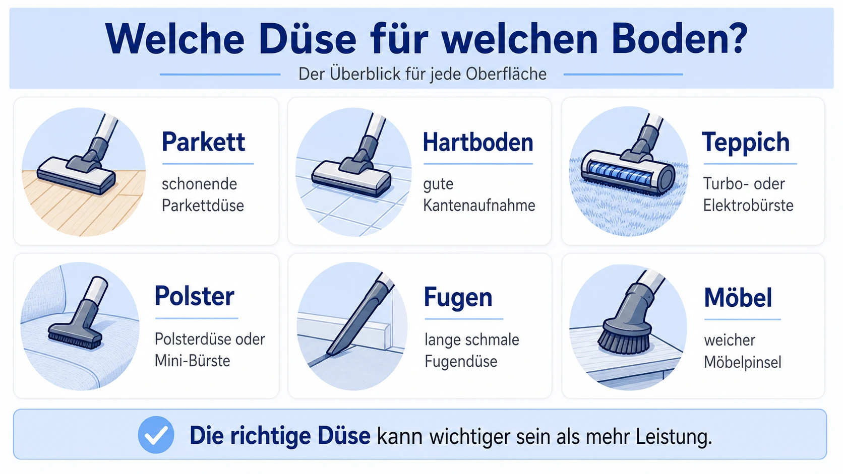 Infografik: Staubsaugerdüsen nach Oberfläche auswählen