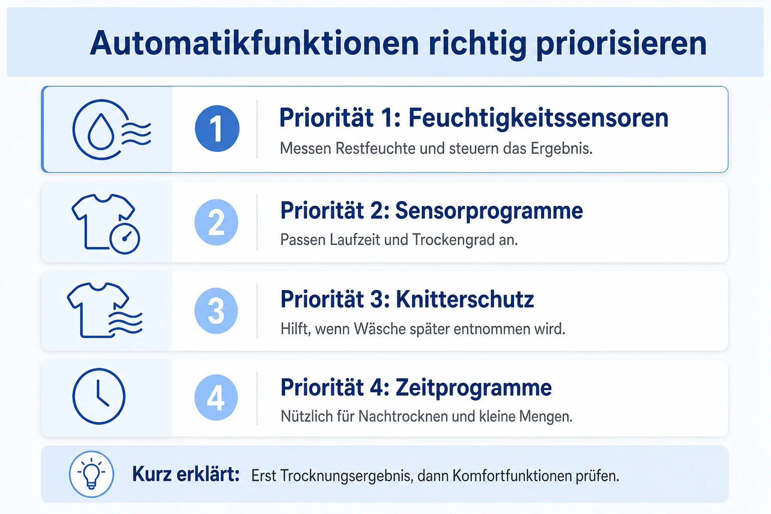 Prioritäten bei Wärmepumpentrocknern: Feuchtigkeitssensoren zuerst, Sensorprogramme vor Knitterschutz, Zeitprogramme nur für Sonderfälle.